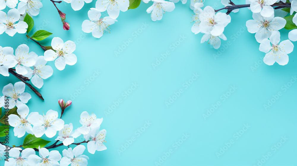 Beautiful spring nature background with lovely blossom on turquoise background Beautiful spring nature background with lovely blossom on turquoise background