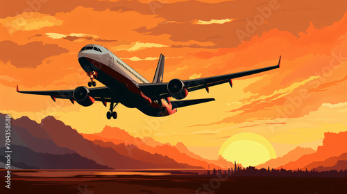 Silhouette of aircraft and orange sky with sun