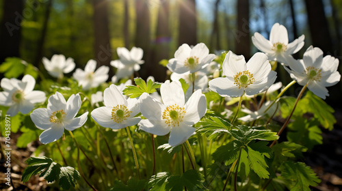Beautiful white flowers of anemones in spring season