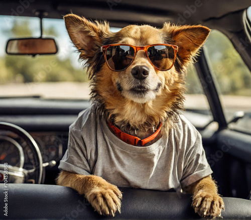 Dog sitting in a car, looking through the window. Wtaring sunglasses and t-shirt © jolly_photo