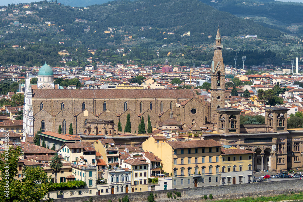 Florence, Italy, July 25, 2023. Aerial view of the Santa Croce Basilica in Florence