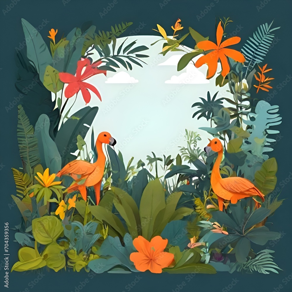 International day of tropics vector illustration with copy space for text for poster, banner, invitation card. Hawaii theme Flat cartoon hand drawn Tropical background with grass, flowers. June 29 International day of tropics vector illustration with copy space for text for poster, banner, invitation card. Hawaii theme Flat cartoon hand drawn Tropical background with grass, flowers. June 29