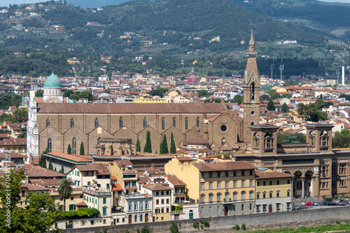 Florence, Italy, July 25, 2023. Aerial view of the Santa Croce Basilica in Florence