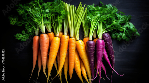 Top view of bunch of fresh organic rainbow carrot