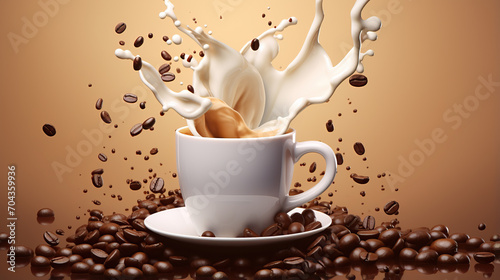 milk coffee splash in white cup with coffee beans, 3d illustration
