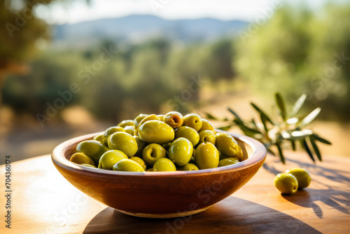 Fresh appetizing olives under bright sunshine grown on an olive plantation