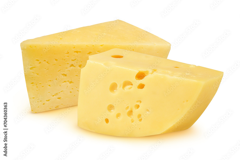 Two pieces of cheese on an isolated white background. Maasdam cheese