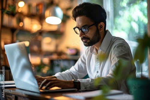 Busy indian business man office employee worker, arab professional company manager analyst wearing eyeglasses working on corporate data typing on laptop computer sitting at home office, Generative AI