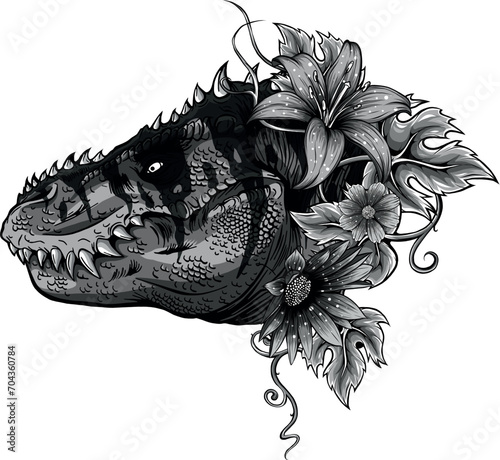 monochromatic tirannosaurus rex head with leaves and flowers. photo