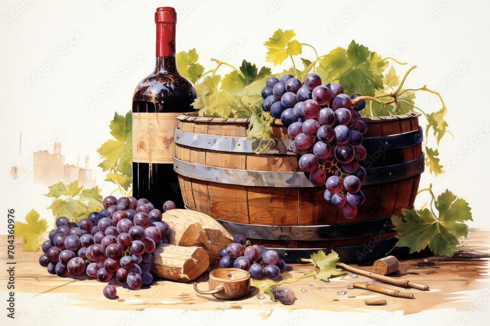 Harvest Splendor: A Rich Red Wine Bottle Surrounded by Ripe Grapes, Graced with Elegance and Tradition, Rests on a Rustic Wooden Table in a Lush Vineyard Landscape.