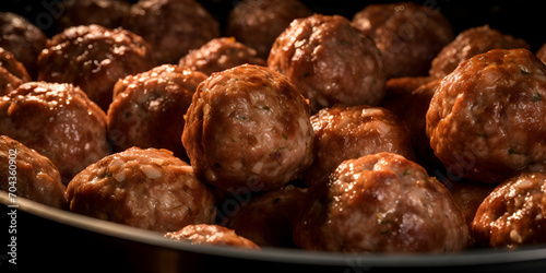  Homemade meatballs with tomato sauce and spices served in plate on grey background, generative ai