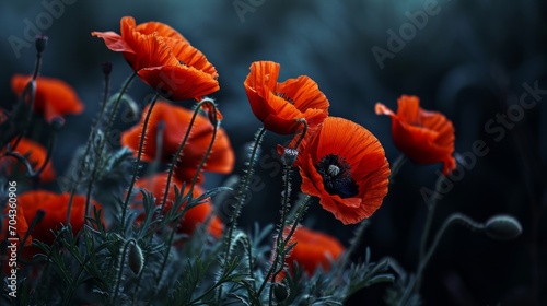Red poppies in the field on a dark background. Soft focus. Generative AI