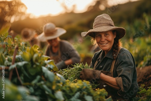 Farmers who are harvesting their produce in the garden wear hats in the afternoon