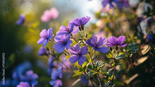 Purple flowers on the meadow in the sun. Spring nature background. Generative AI