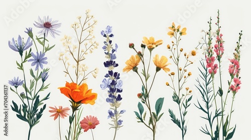 Hand drawn watercolor wildflowers set. Isolated on white background. Generative AI