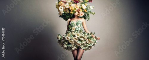 primo piano ritratto artistico di donna avvolta in un grande bouquet di fiori colorati, sfondo con luce diffusa photo