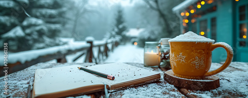 A cup of coffee, an open notebook, and a pencil on a wooden table set against the backdrop of a snowy winter forest.