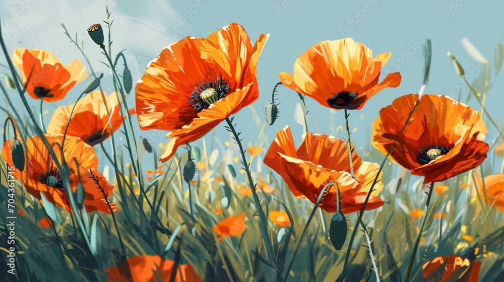Red poppies on the meadow. Floral background. Generative AI