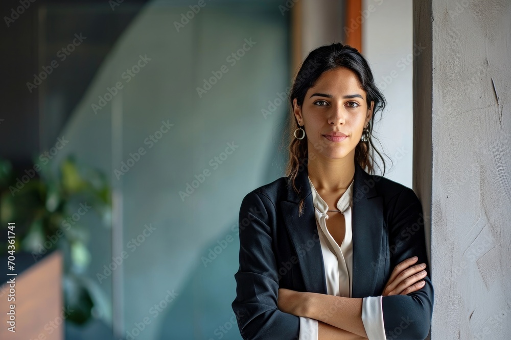 © The Picture Show - Confident professional young latin business woman company employee, lady executive manager, female worker or entrepreneur looking at camera standing arms crossed in modern office, Generative AI © The Picture Show - Confident professional young latin business woman company employee, lady executive manager, female worker or entrepreneur looking at camera standing arms crossed in modern office, Generative AI