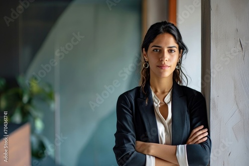 Confident professional young latin business woman company employee, lady executive manager, female worker or entrepreneur looking at camera standing arms crossed in modern office, Generative AI  photo