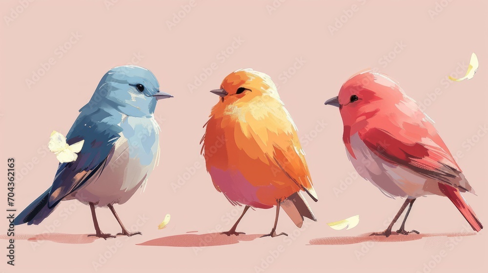 illustration of a group of birds on a light pink background. Generative AI