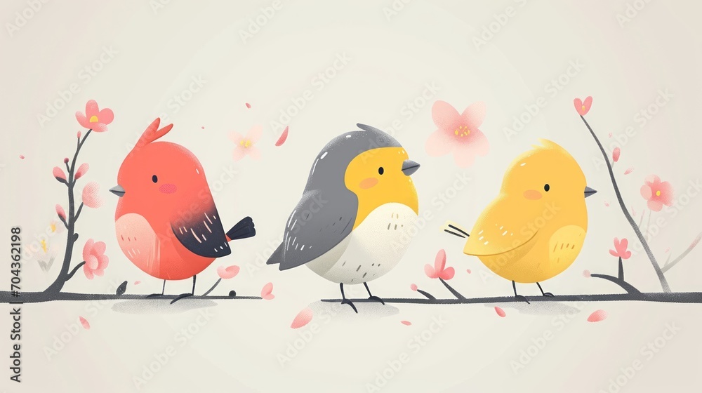 Cute birds with cherry blossom background. Spring vector illustration. Generative AI