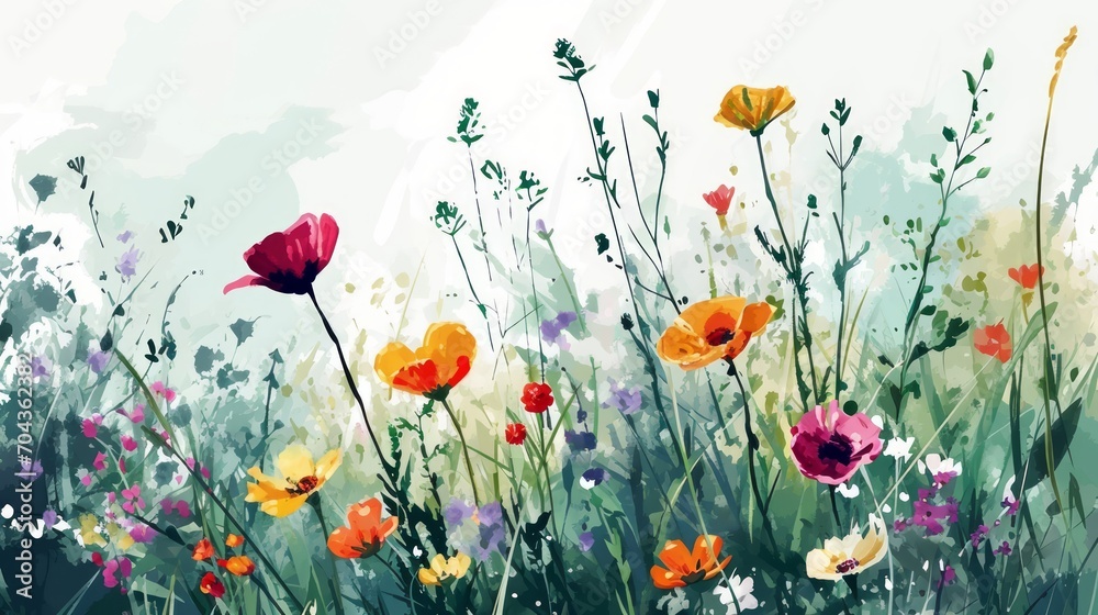 Beautiful floral background with poppies and grass. illustration. Generative AI