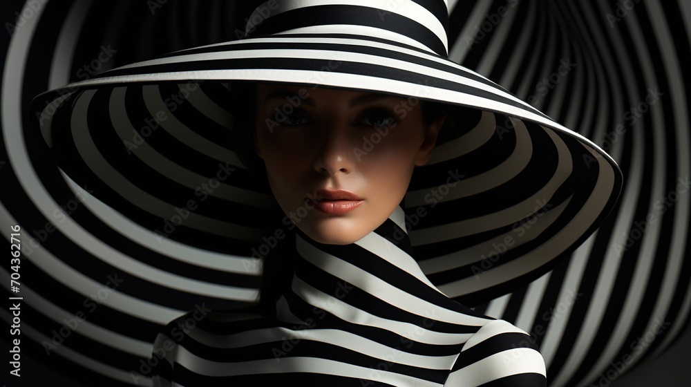 Striking portrait of a woman wearing a black and white striped hat and ...