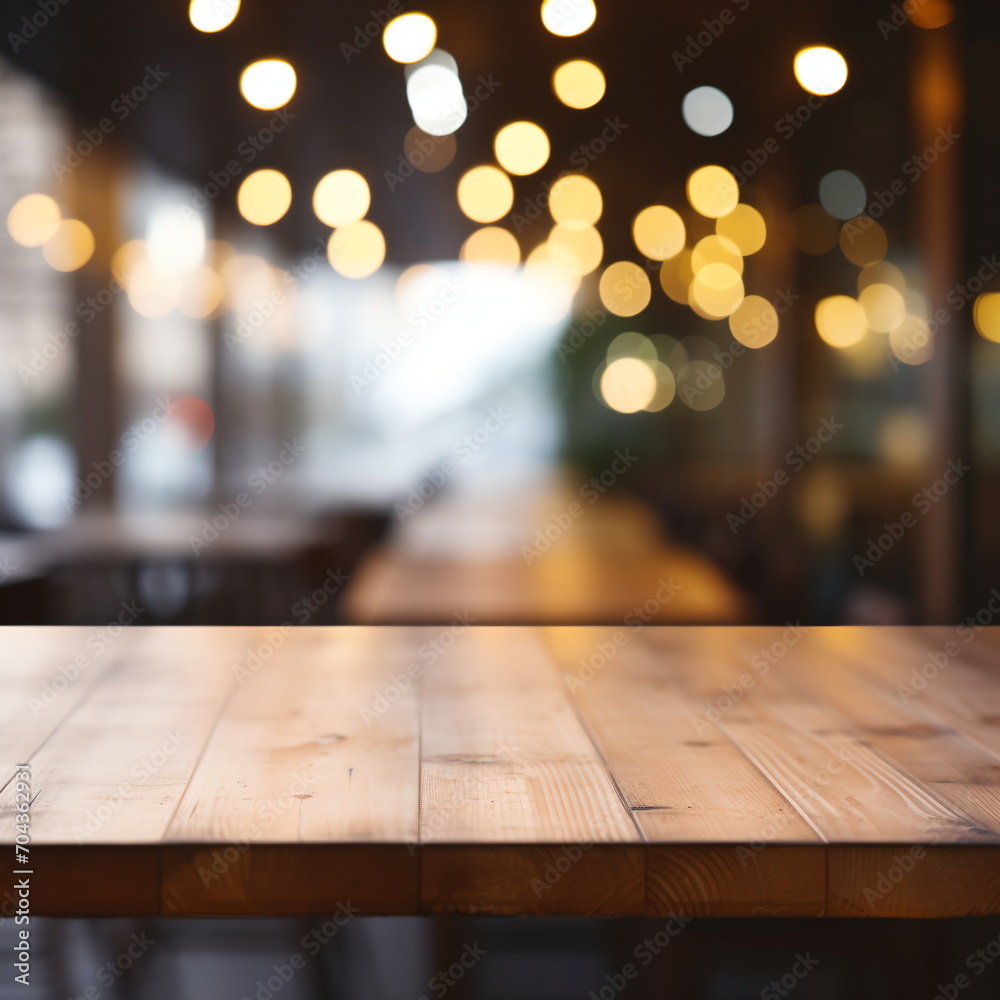 Empty wooden table with blurry background