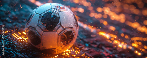 A cyber-futuristic soccer ball or football emits a neon glow against a backdrop of futuristic elements