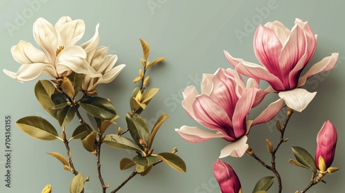 Magnolia flowers and leaves on a green background. Digital painting. Generative AI