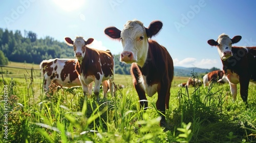 Banner with Cows grazing in a field standing in a pasture, on meadow with green grass under a clear blue sky, eco farming. Animals looking at camera