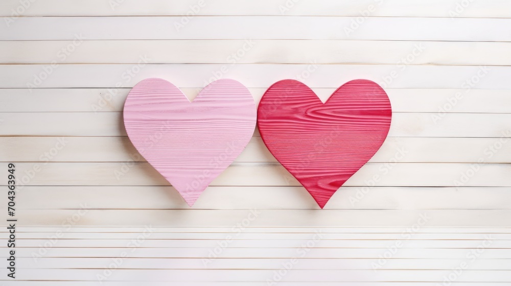 Valentines day background banner, wooden texture background with red and pink hearts 