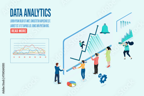 Modern 3d isometric design concept of Data Analysis with business people team working with Data Visualization for website and mobile website.