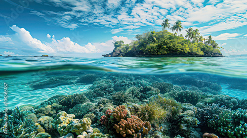 Tropical Island And Coral Reef - Split View With Waterline. Beautiful underwater view of lone small island above and below the water surface in turquoise waters of tropical ocean. 