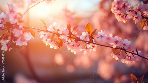 Spring blossom background. Nature scene with blooming tree and sunlight illustration background