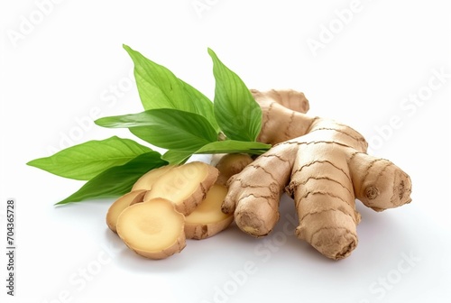 ginger with gingger leaves isolated on white background. generative ai photo