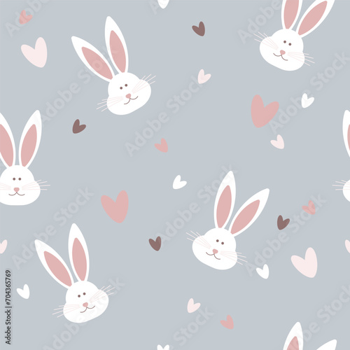 Seamless pattern with cartoon rabbits and hearts on a gray background. Cute hares in pastel colors. Suitable for baby wallpaper, textile, wrapping paper, fabric , baby clothes print, home textiles.