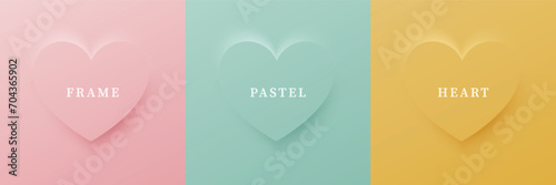 Set of abstract 3D heart, different color 3D heart shape frame design. Collection of geometric backdrop for cosmetic product display. Top view. Vector illustration