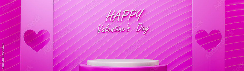 Pink room and wall with white cylinder pedestal or stand podium in heart shape shape window. Valentine day minimal scene for product display presentation. 3d rendering