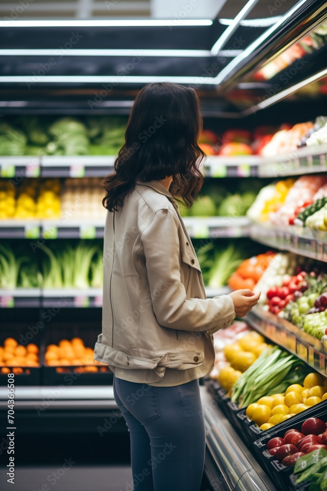 A woman is shopping for fresh fruits and vegetables in a grocery store,