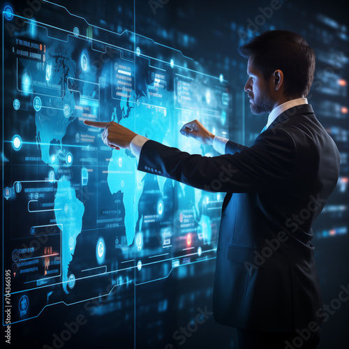 Navigating Success: A focused businessman stands at the helm of progress, fingers delicately touching an illuminated HUD panel. The glow of the infographic reflects in his eyes, symbolizing strategic 