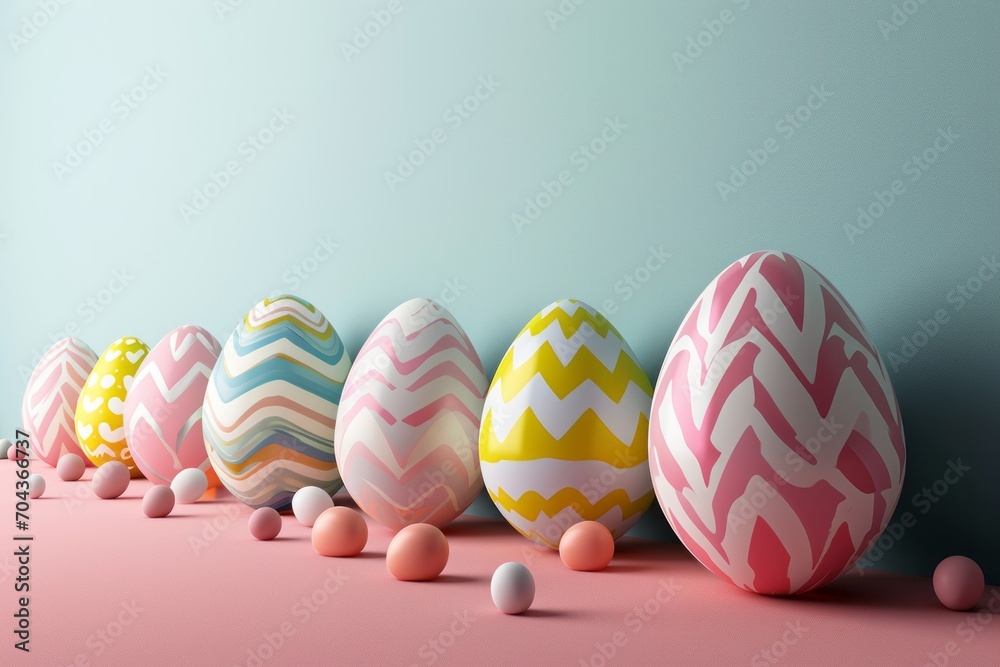 Fototapeta premium Еaster eggs of different sizes of goose, duck, chicken, quail on a pink and blue background. Easter and spring celebration concept. Postcard on a spring theme. Еmpty space for text. 
