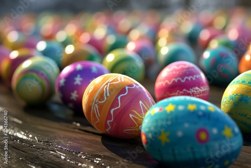 Many beautiful colorful Easter eggs on a wooden tabletop.  Easter and spring celebration concept. Postcard on a spring theme.  Еmpty space for text.
