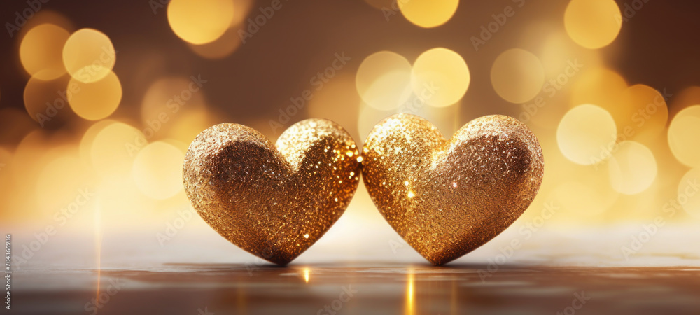 Fototapeta premium Two gold hearts on table with bokeh lights and glitter