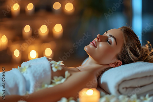 Young European woman in a spa salon against a background of candles and jasmine flowers. The concept of healing, relaxation, rejuvenation and restoration of the body. Еmpty space for text.