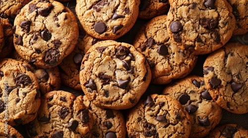 Close-up top view of homemade chocolate chip cookies as a delicious background for pastries