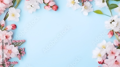 Flowers on light blue background with copy space , generative ai