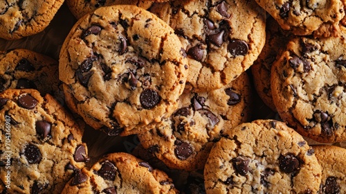 A top view close-up of homemade chocolate chip cookies  creating a delicious background for pastries. 
