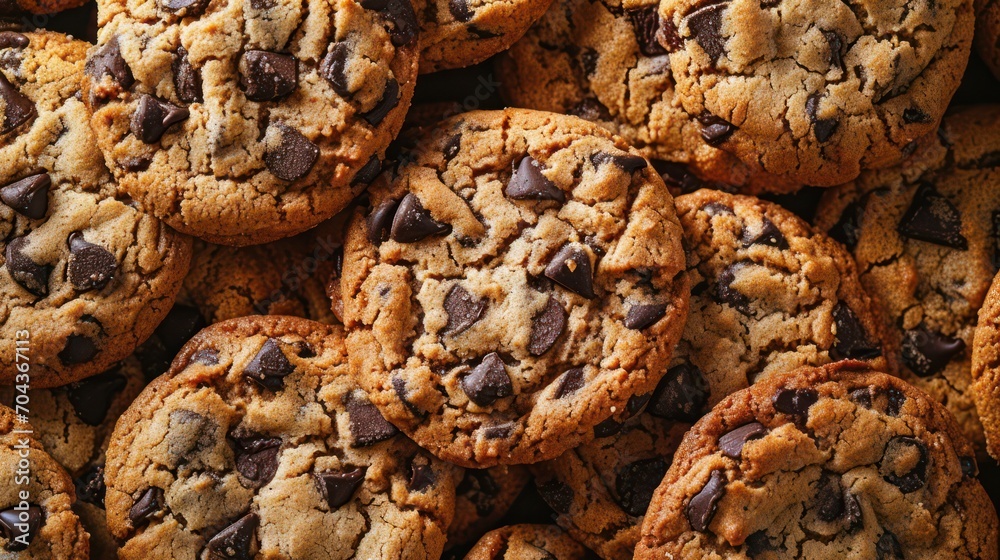 Close-up top view of homemade chocolate chip cookies as a delicious background for pastries Close-up top view of homemade chocolate chip cookies as a delicious background for pastries